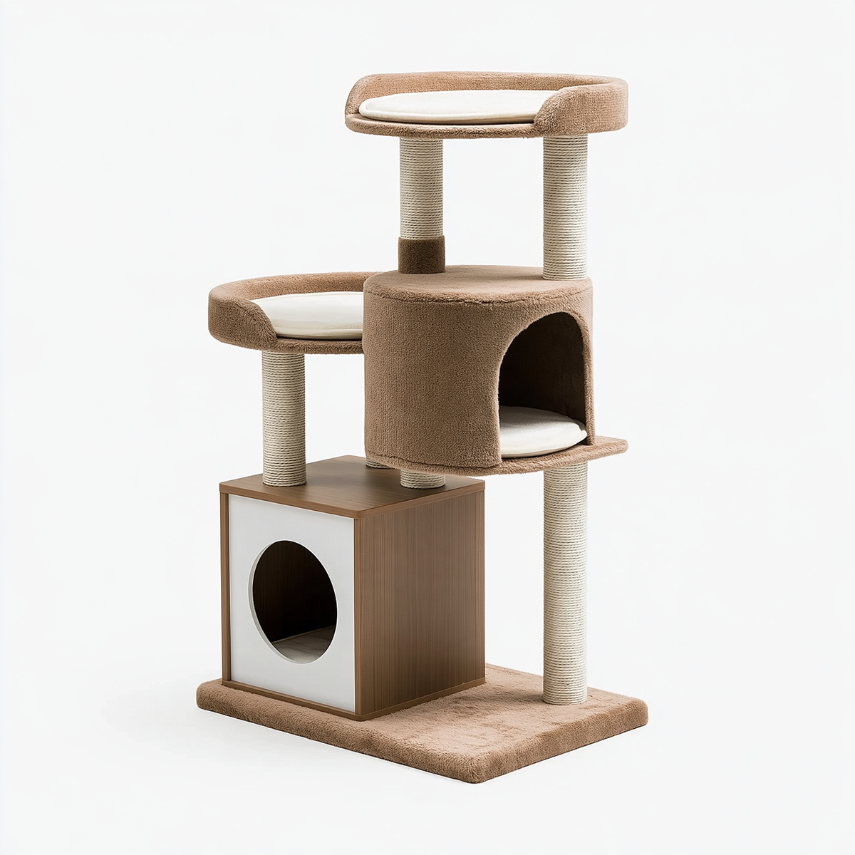 Tiragraffi per gatti 60 x 50 x 160 cm in legno tessuto beige con colonne in sisal e cucce