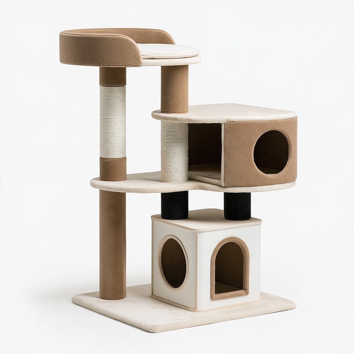 Tiragraffi per gatti 60 x 50 x 170 cm in tessuto beige e bianco con cucce e colonne in sisal