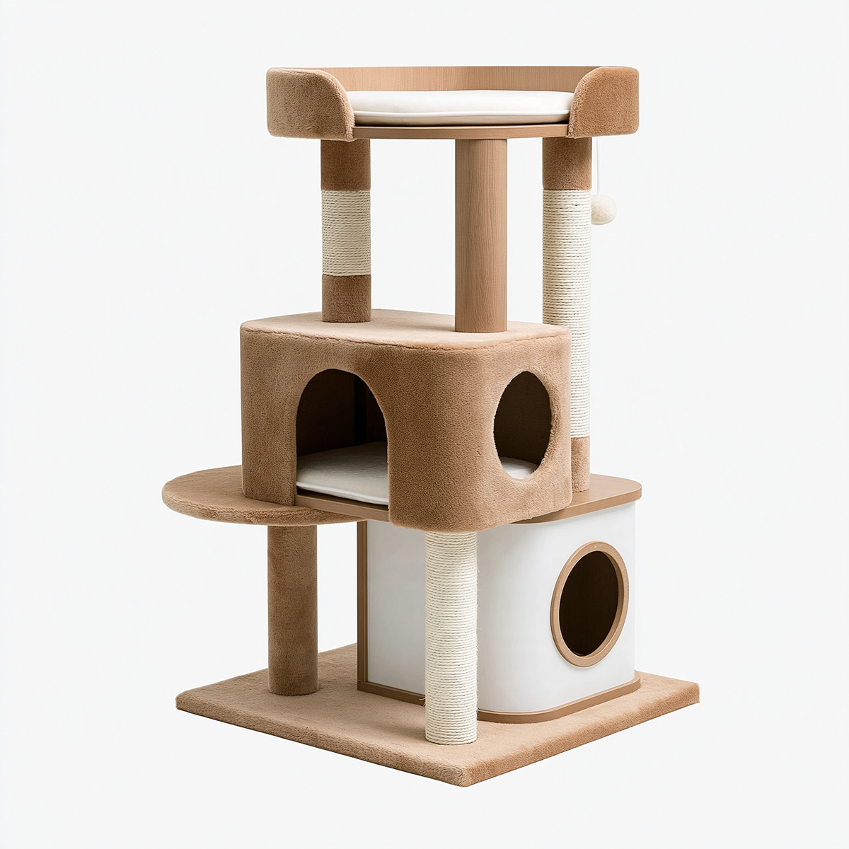Tiragraffi per gatti 60 x 60 x 170 cm in legno tessuto beige con colonne in sisal e cuccette