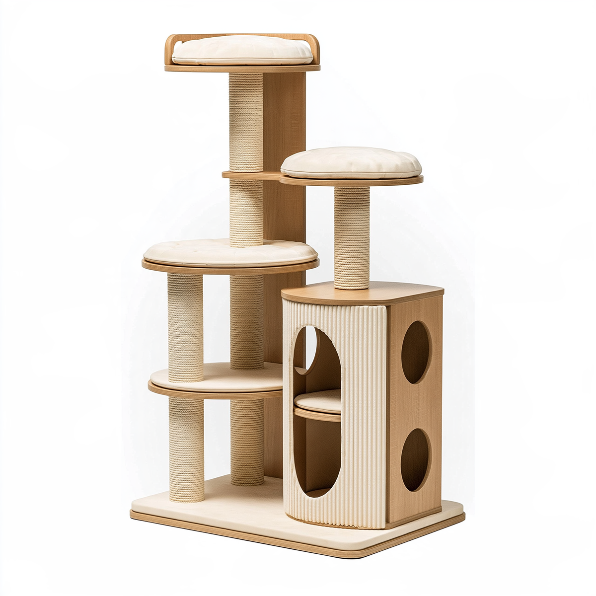 Tiragraffi per gatti 60 x 50 x 180 cm in legno beige con colonne in sisal e piattaforme imbottite
