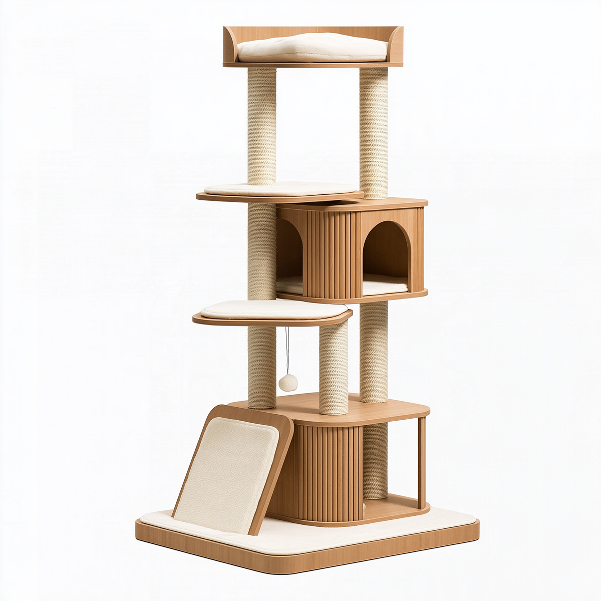 Tiragraffi per gatti 70 x 60 x 180 cm in legno beige con colonne in sisal e cuccia multilivello