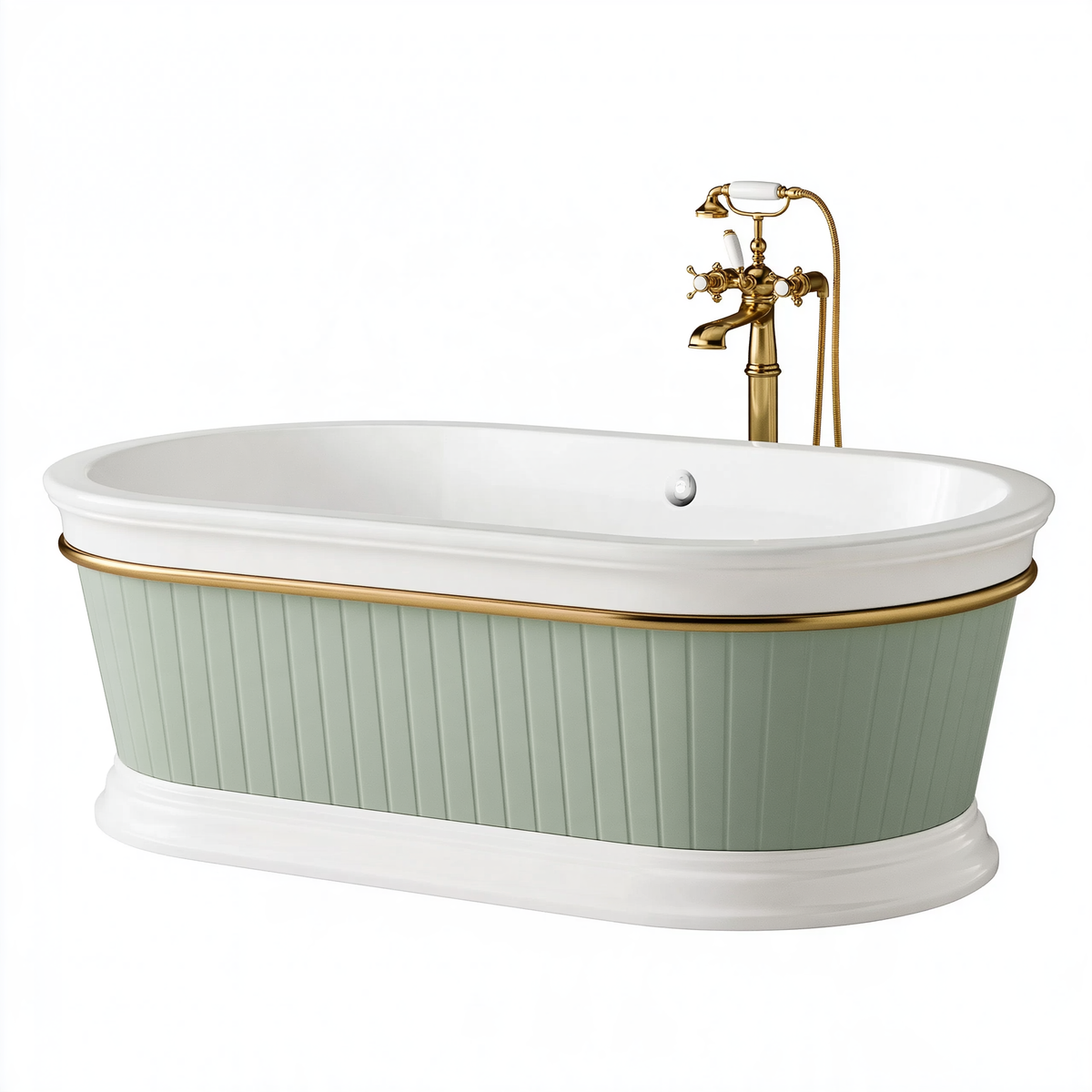Vasca da bagno freestanding 170 x 75 x 70 cm in acrilico bianco e verde salvia con rubinetteria dorata stile classico
